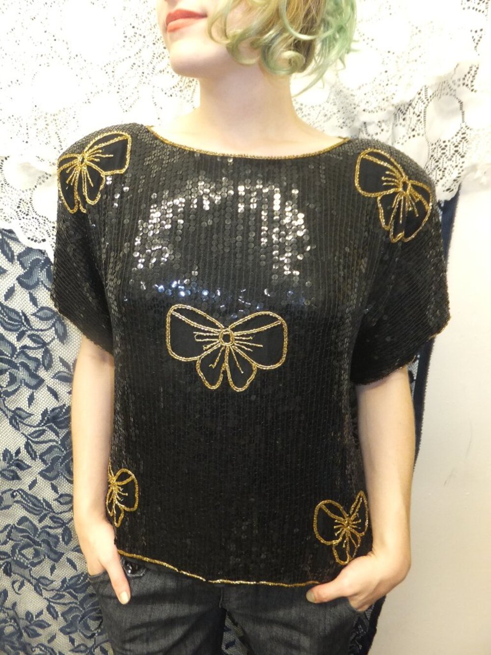 black / gold 80s beaded sequin blouse